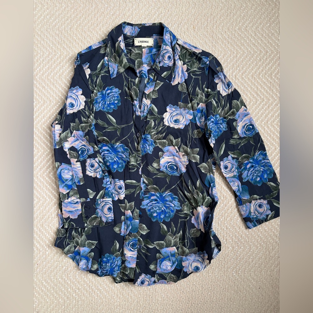 L'AGENCE Navy and Blue Floral Blouse